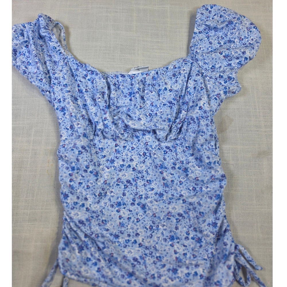 rue21 Womens Blue Ditsy Floral Ruched Puff Sleeve Square Neck Top Large